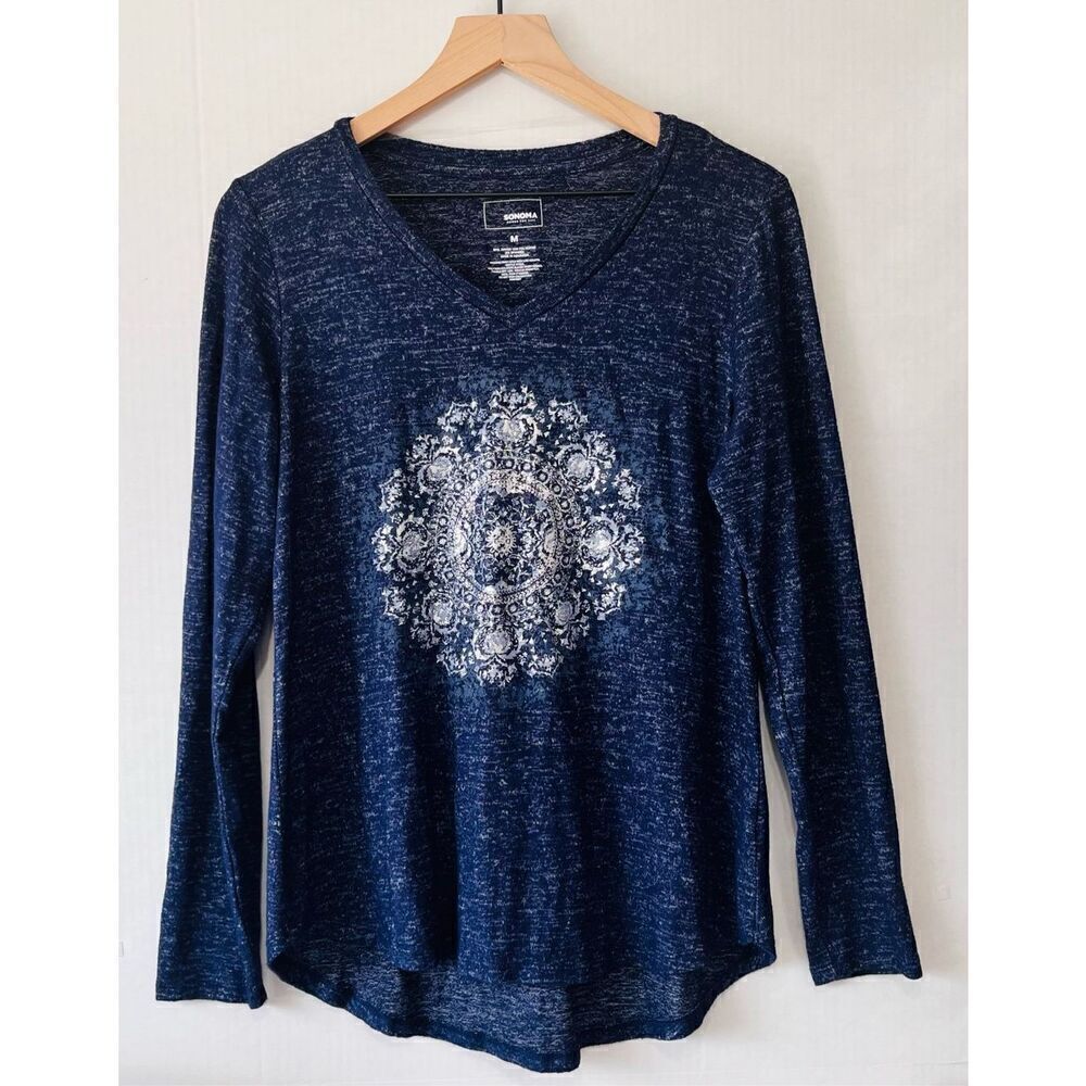 Sonoma Long Sleeve Top Blue With Silver Design Sz M EUC